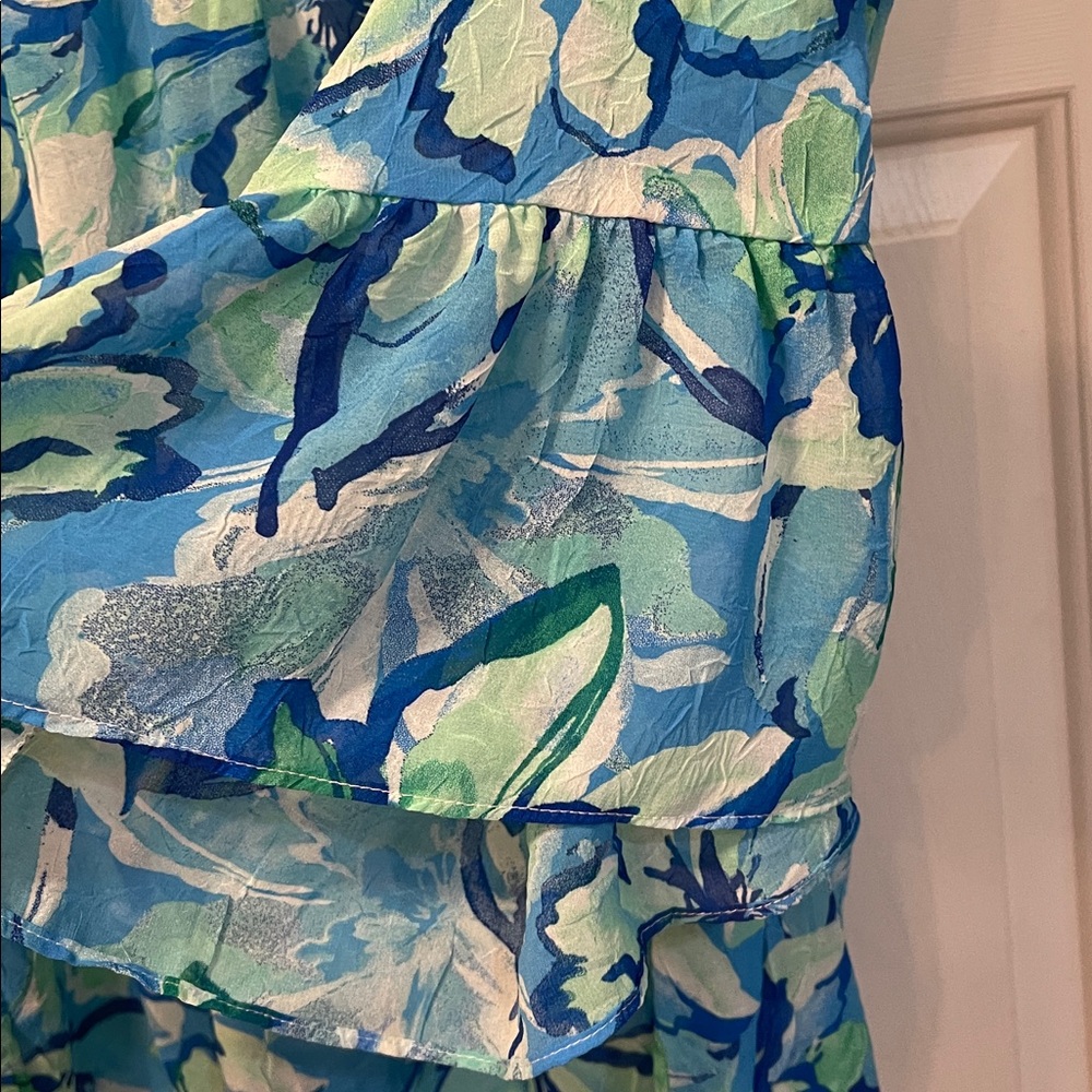 Vibrant Floral Women's Blouse in Blue and Green 2X Cold shoulder Flutter sleeve - Picture 8 of 11